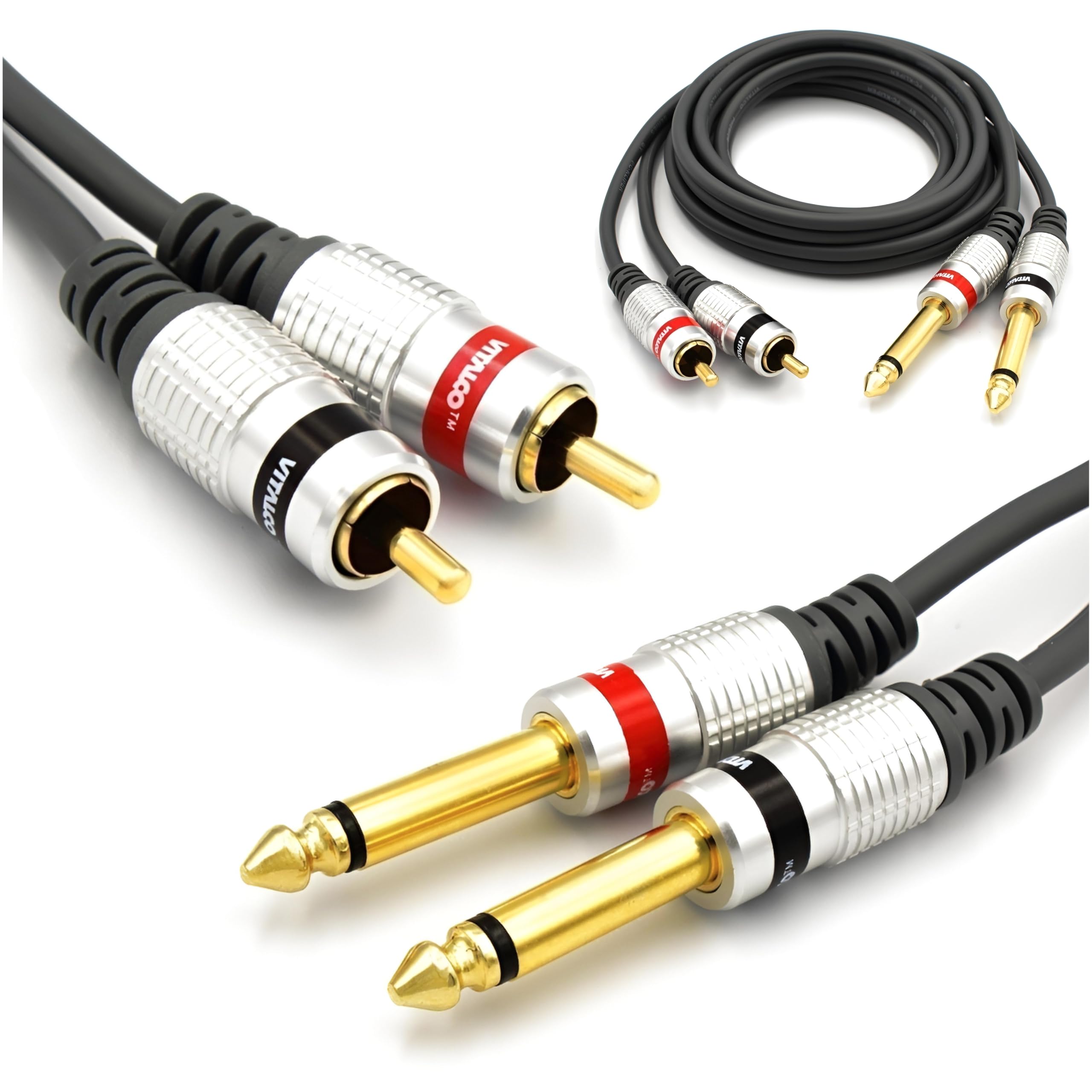 VITALCO Cable 2RCA Male To 2x Jack 6.35mm 1/4 Inch Mono 3m Audio TS 6.35 to 2 RCA Phono OFC Cables
