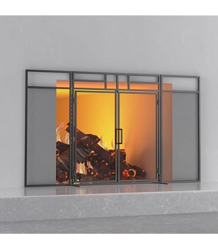 Parafiamma 3 Ante In Acciaio Stile Mission – Pleasant Hearth, Schermo Protettivo Per Camino, Finitura Wenge, Larghezza 137 Cm
