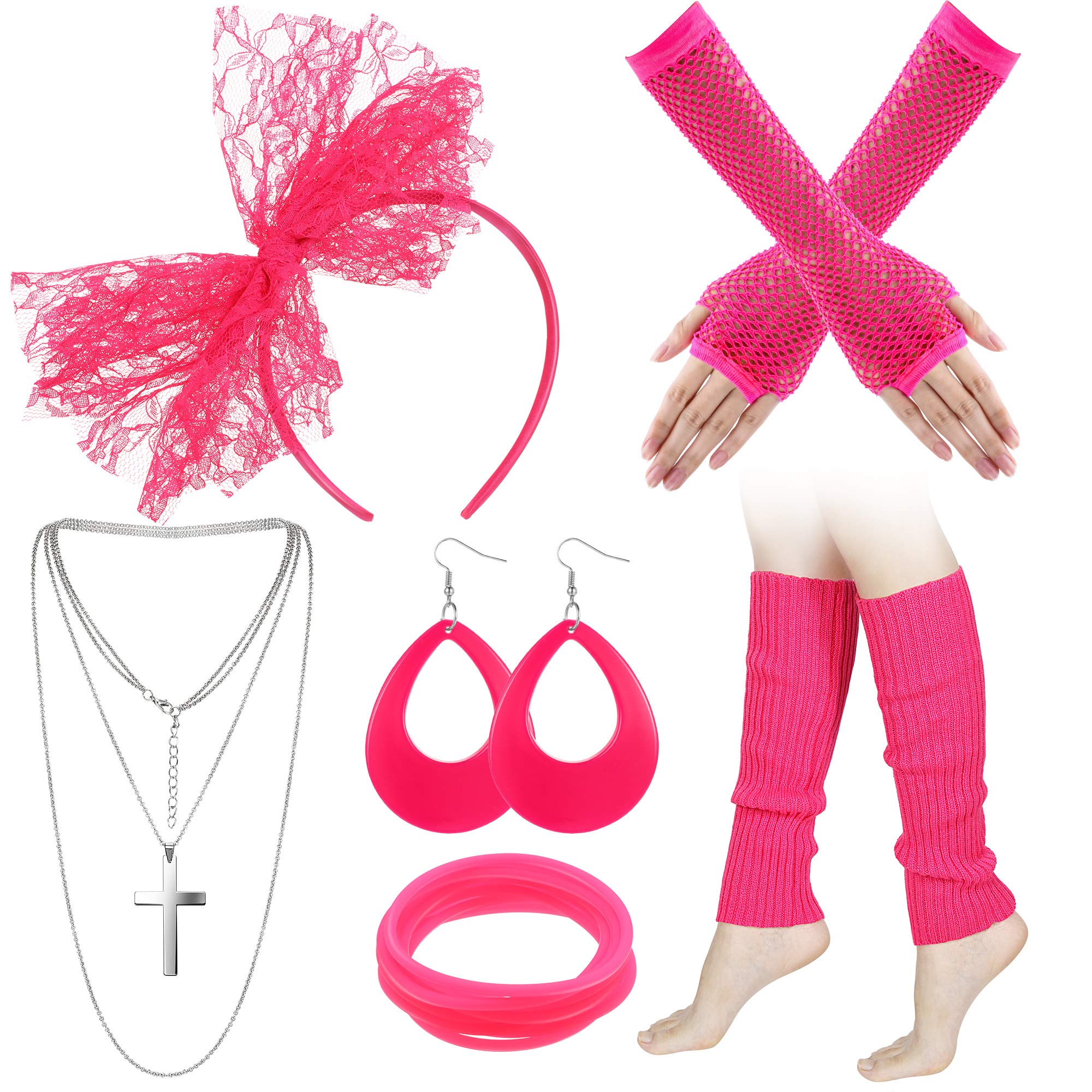 Blulu 6 Pcs 80s Accessories for Women Fancy Costume Neon Lace Headband Earrings Fishnet Gloves Necklace Bracelet