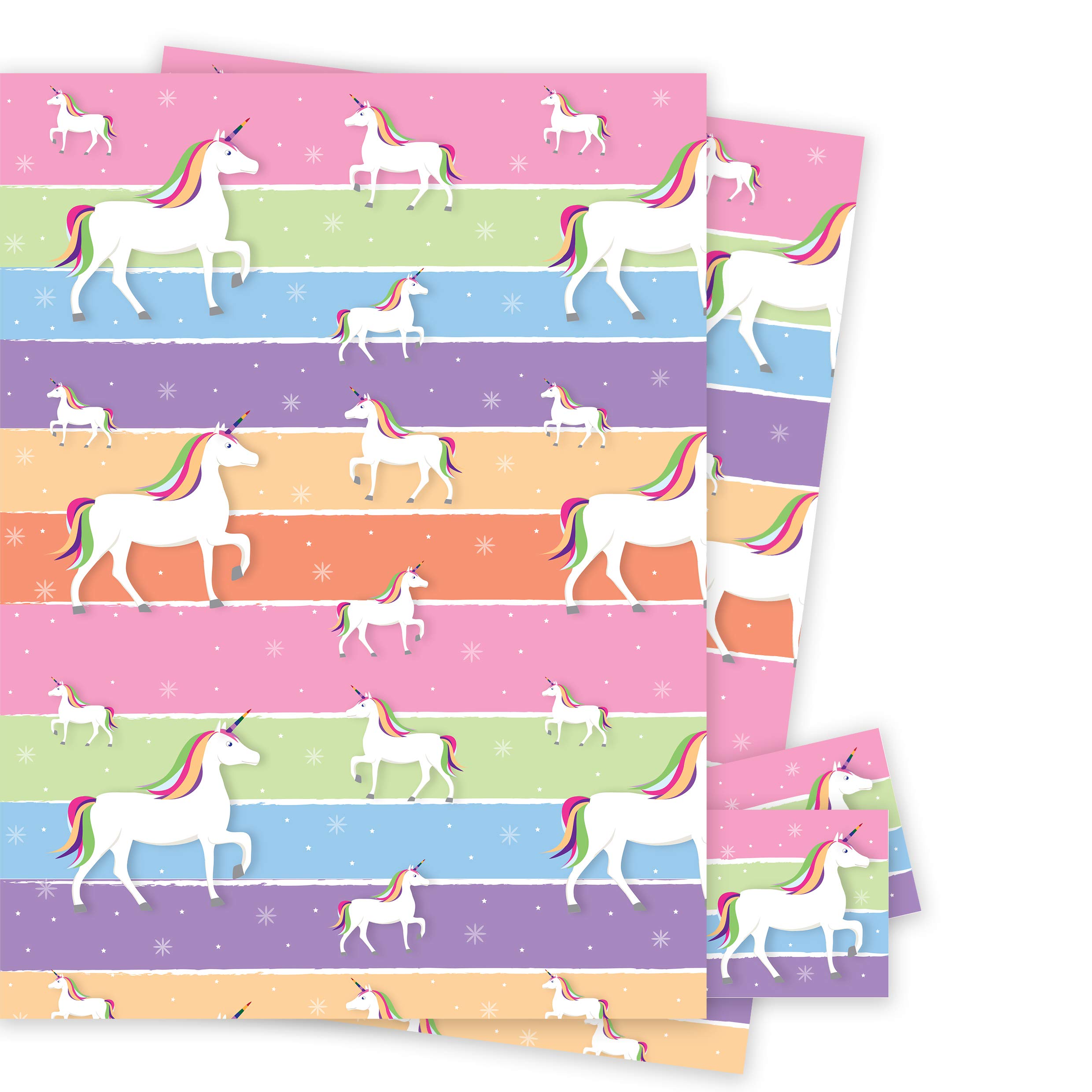 Unicorn Wrapping Paper - 2 Sheets of Rainbow Giftwrap and Tags - 70x50cm - Birthday or Any Occasion - Children's Girls - Recyclable & Eco Friendly