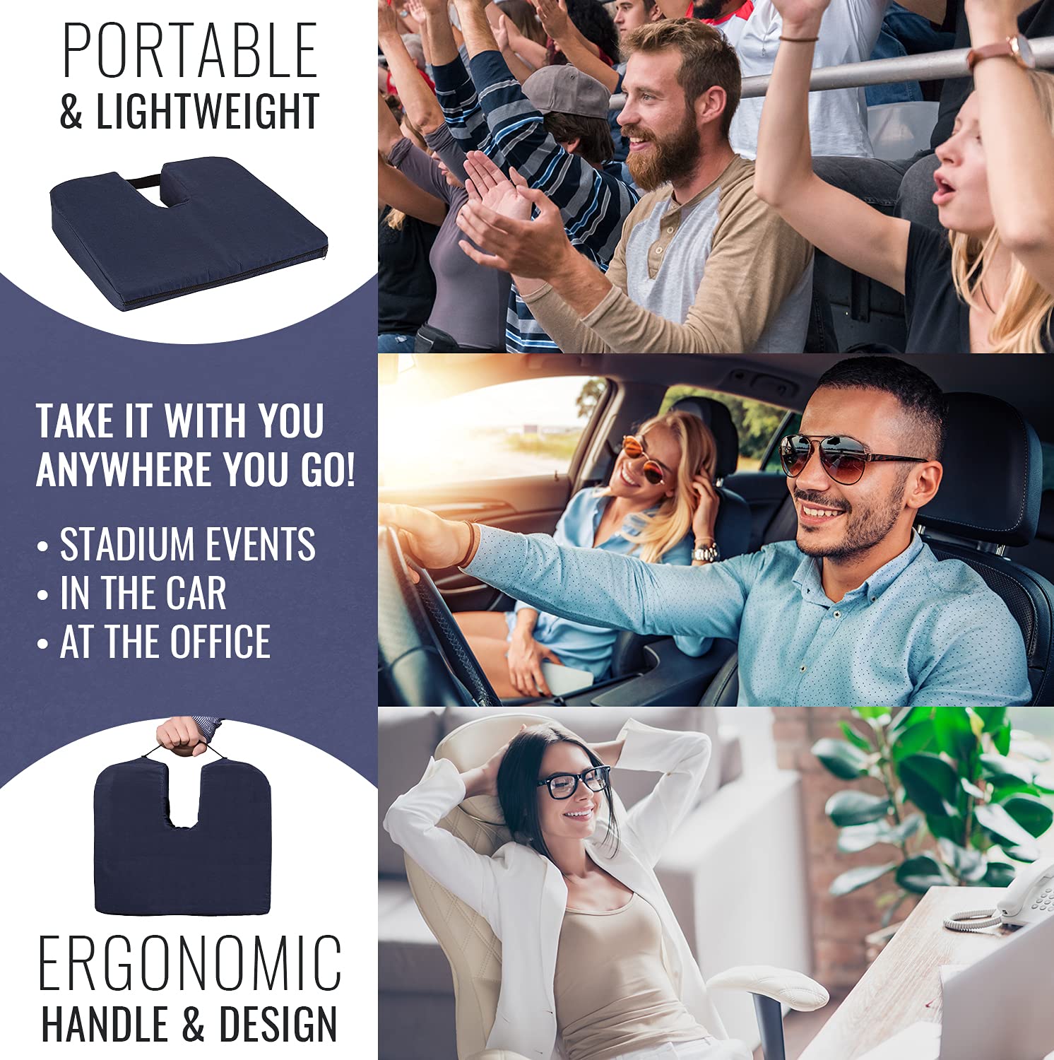 DMI Gradual Slope Seat Cushion for Coccyx, Sciatica and Tailbone Pain Used With Dining Room Chairs, Desk Chairs, Thin Car or Wheelchair Cushions, Machine Washable-Cover, 15 Inch, Navy