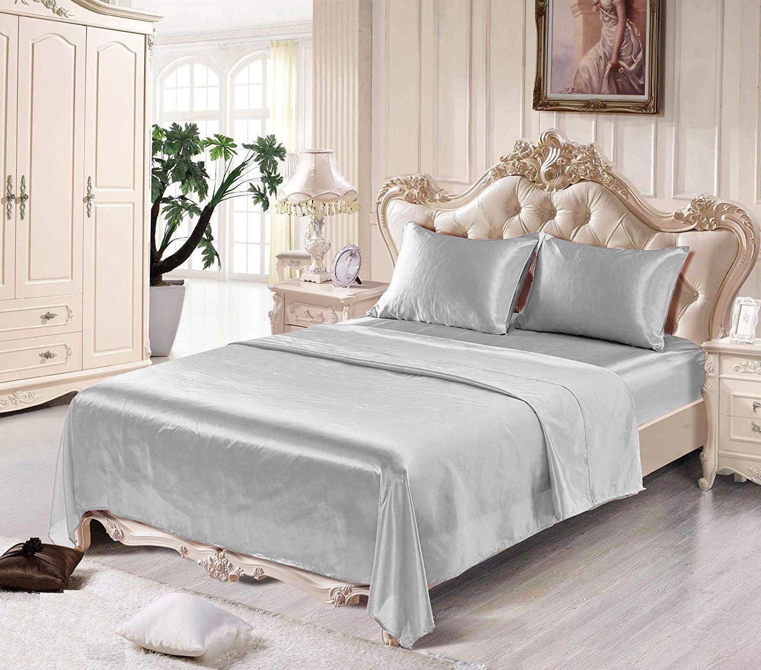 Amazon.com: Satin Sheets California King [4-Piece, Grey] Luxury Silky