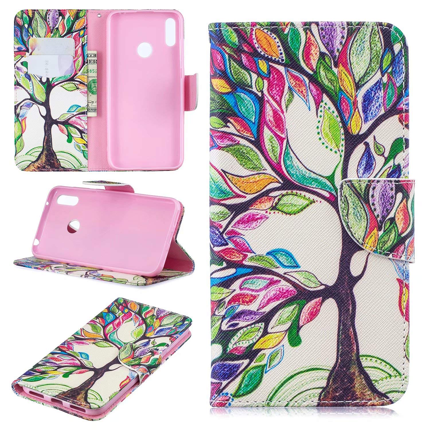 For Huawei Y7 2019 Case[Free Screen Protector],PU Leather Wallet Phone Case Flip TPU Shockproof Shell Slim Fit Protective Cover with Stand Magnetic Closure for Huawei Y7 2019(Tree of Life)