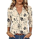 LOMON 3/4 Length Sleeve Womens Tops V-Neck Blouses Dressy Casual Flowy Shirts Business Tunic to Wear with Leggings S-3XL