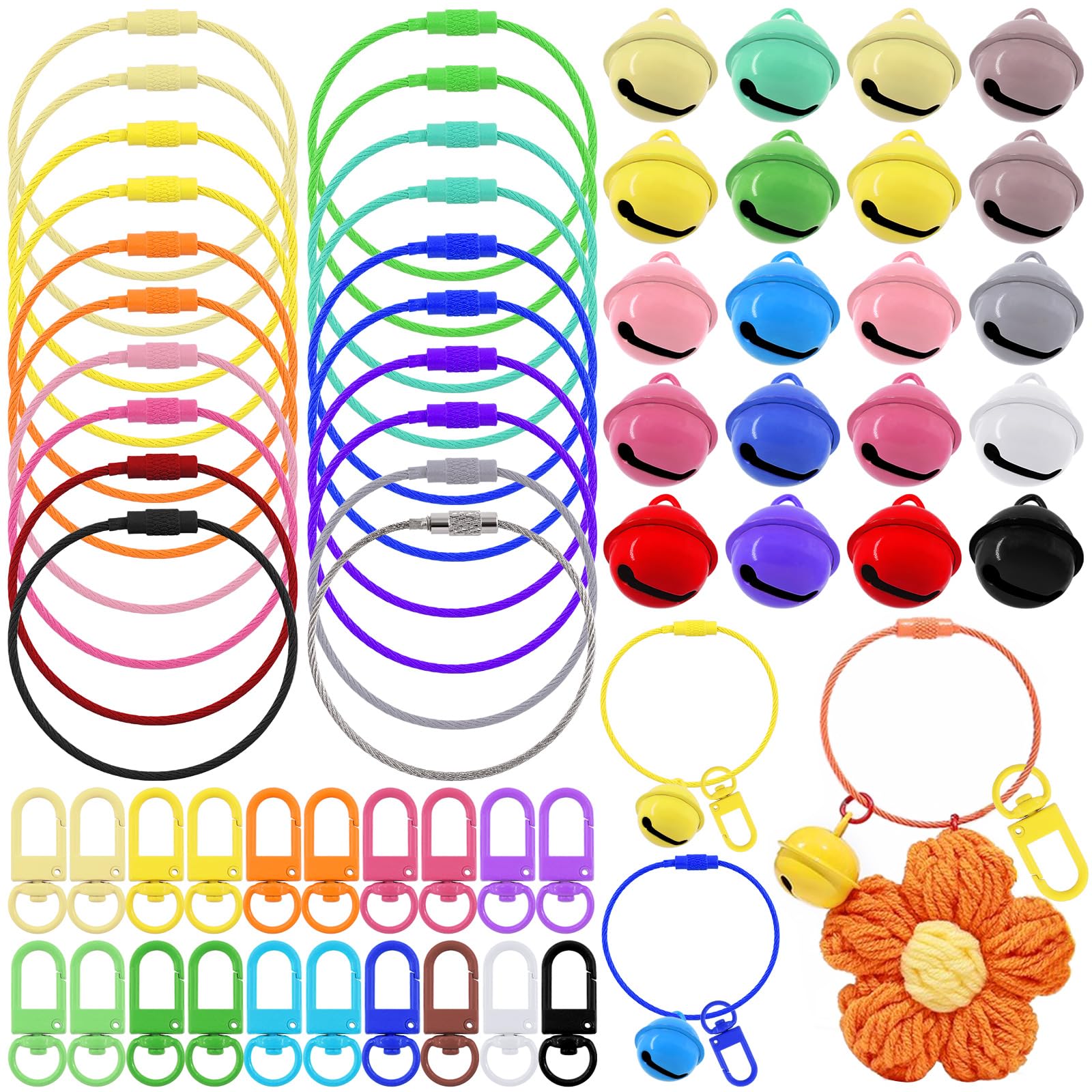Mardatt 60Pcs Colorful Wire Key Chain Cable, Metal Round Bells and Metal Lobster Claw Clasps Kit, Stainless Steel Screw Lock Key Ring Cable Loops Connectors for Key Chains Luggage ID Tags