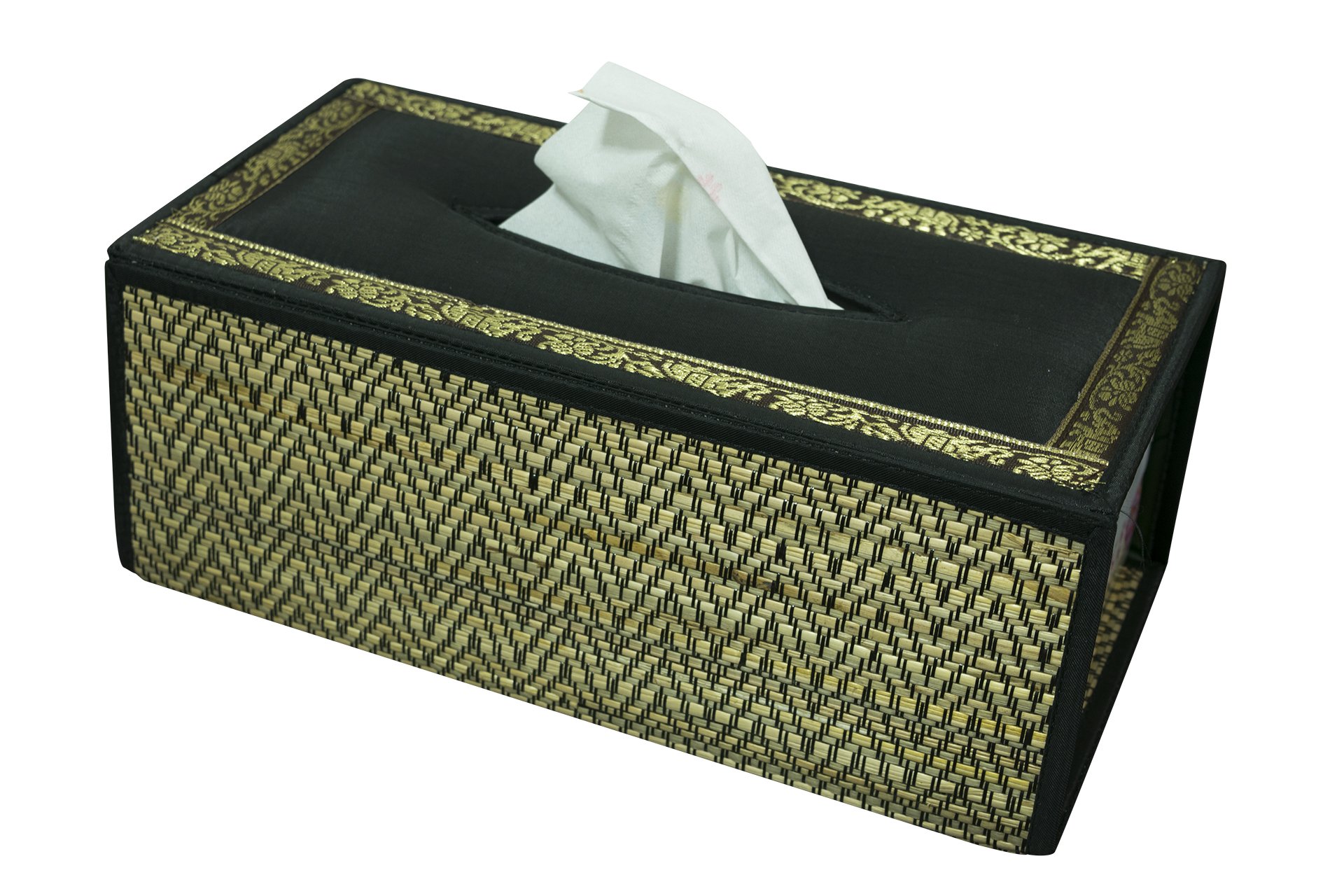 CCcollections Handmade Stylish Reed Tissue Box, 100% Cotton Handcrafted with Satin Trim Sheath Cover Holder Dispense made from Natural Eco-Friendly Materials - (C Black)