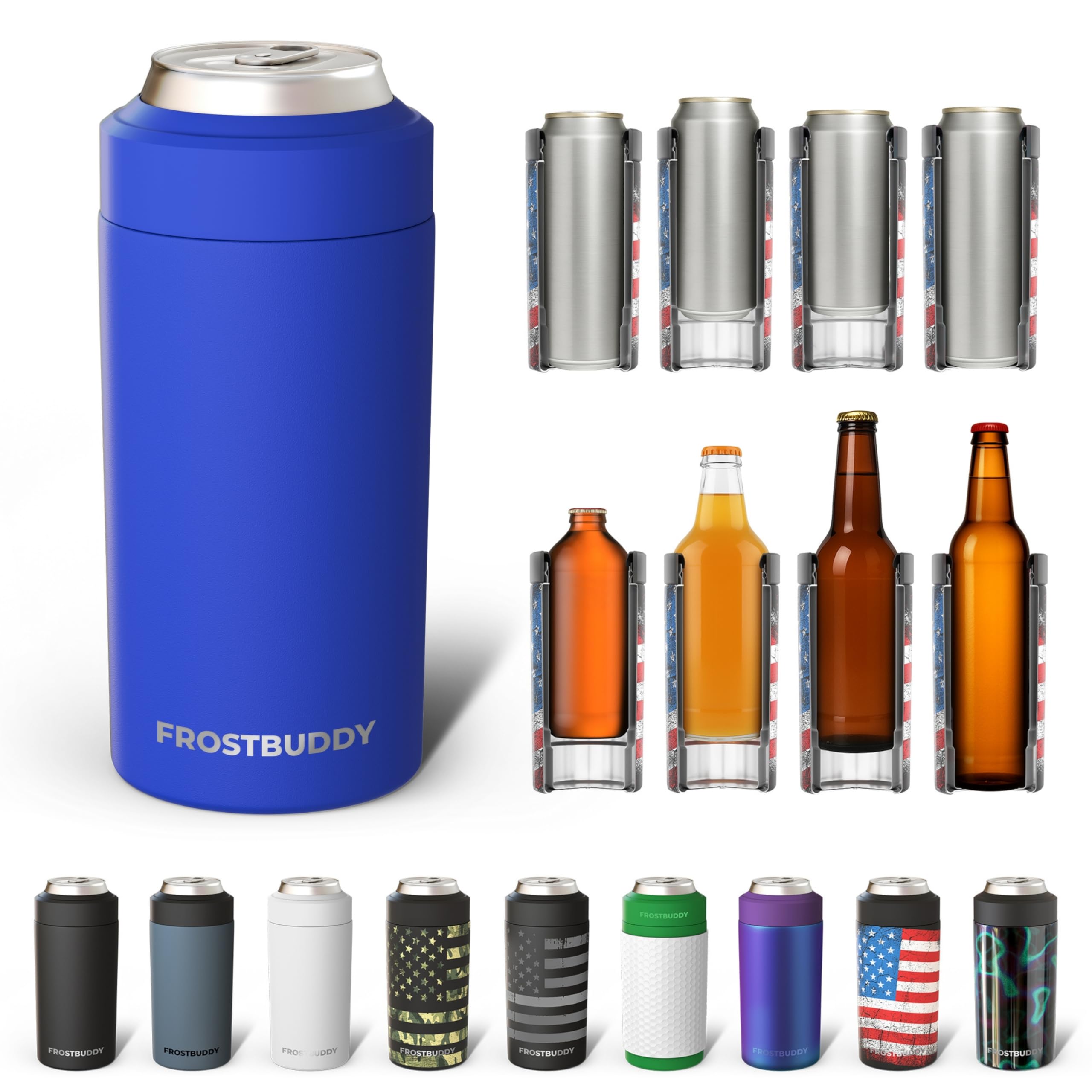 Frost Buddy Universal Can Cooler - Fits All - For Regular 12 & 16 oz or Slim-Size Bottles - Insulated Double-Walled Stainless Steel (Royal) Image