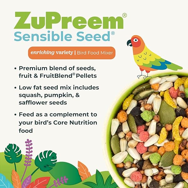 ZUPREEM SENSIBLE SEED BIRD FOOD, COCKATIEL, LOVEBIRD, QUAKER, SMALL CONURE, SEED AND PELLET BLEND FOR MEDIUM BIRDS, FOOD MIXER TOPPER, ENRICHING VARIETY, MADE IN THE USA, (M, 2 LBS)