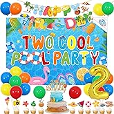 Balterever Two Cool Pool Birthday Party Decorations Summer Swimming Pool 2nd Birthday Party Supplies with Two Cool Backdrop Summer Beach Happy Birthday Banner Cake Topper Beach Ball for 2 Years Old