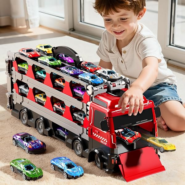 ZDRKWSM CARRIER TRUCK RACE TRACK TODDLERS TOYS, TOY TRUCK TRANSPORT CAR WITH 12 DIE-CAST TOY CARS, TRUCK CAR KIDS TOYS XMAS BIRTHDAY GIFTS FOR AGE 3 4 5 6 7 8 YEARS OLD BOYS GIRLS