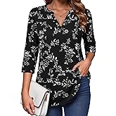 Zeagoo Womens 3/4 Length Sleeve Tops V Neck Tunic Casual Dressy Blouse Floral Printed Shirts