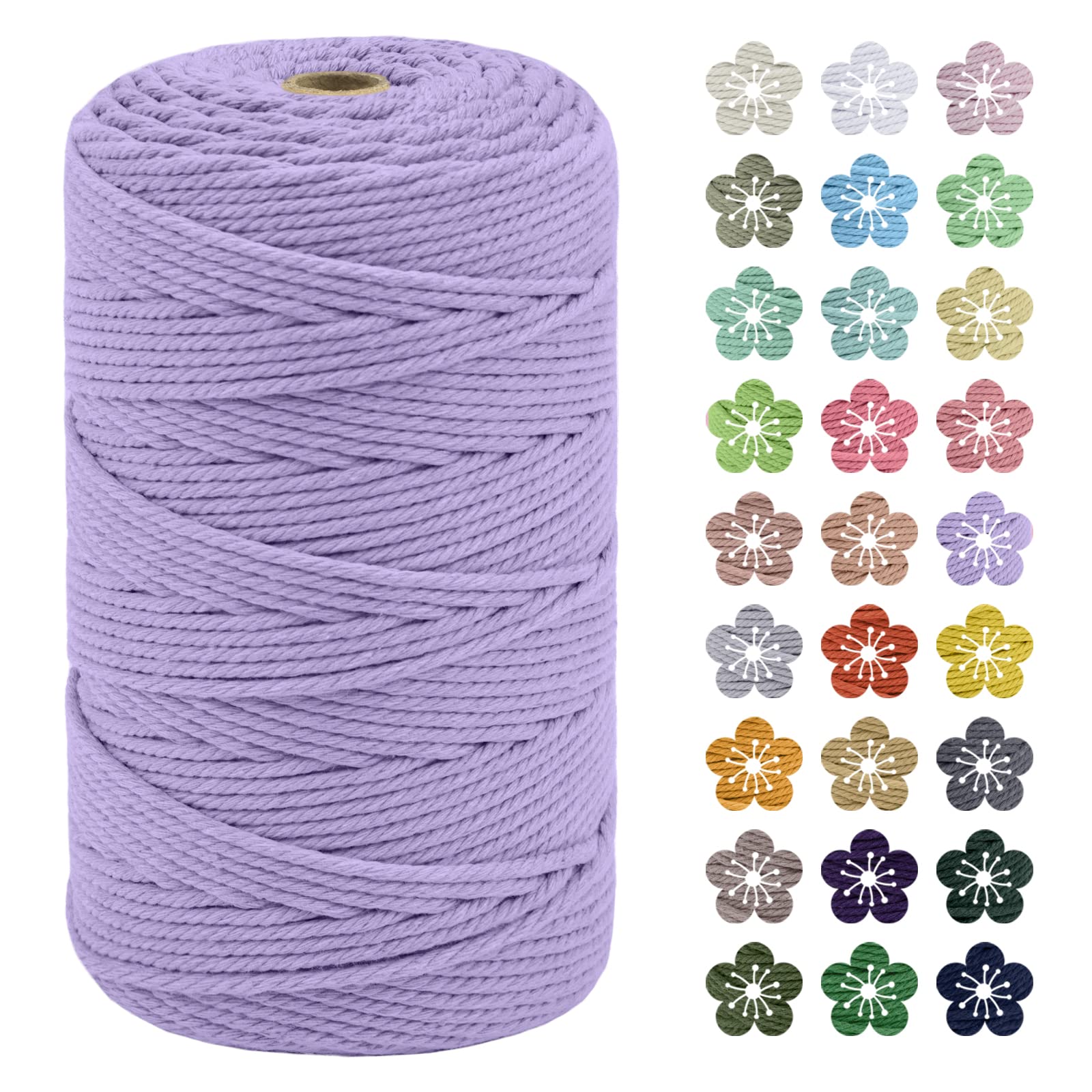 LEREATI Macrame Cord 3mm x 200m, Thick Macrame Rope Natural Cotton Rope Craft String, 4 Strand Twisted Cotton Cord Yarn for DIY Plant Hanger, Wall Hanging, Christmas Decoration (Light purple)