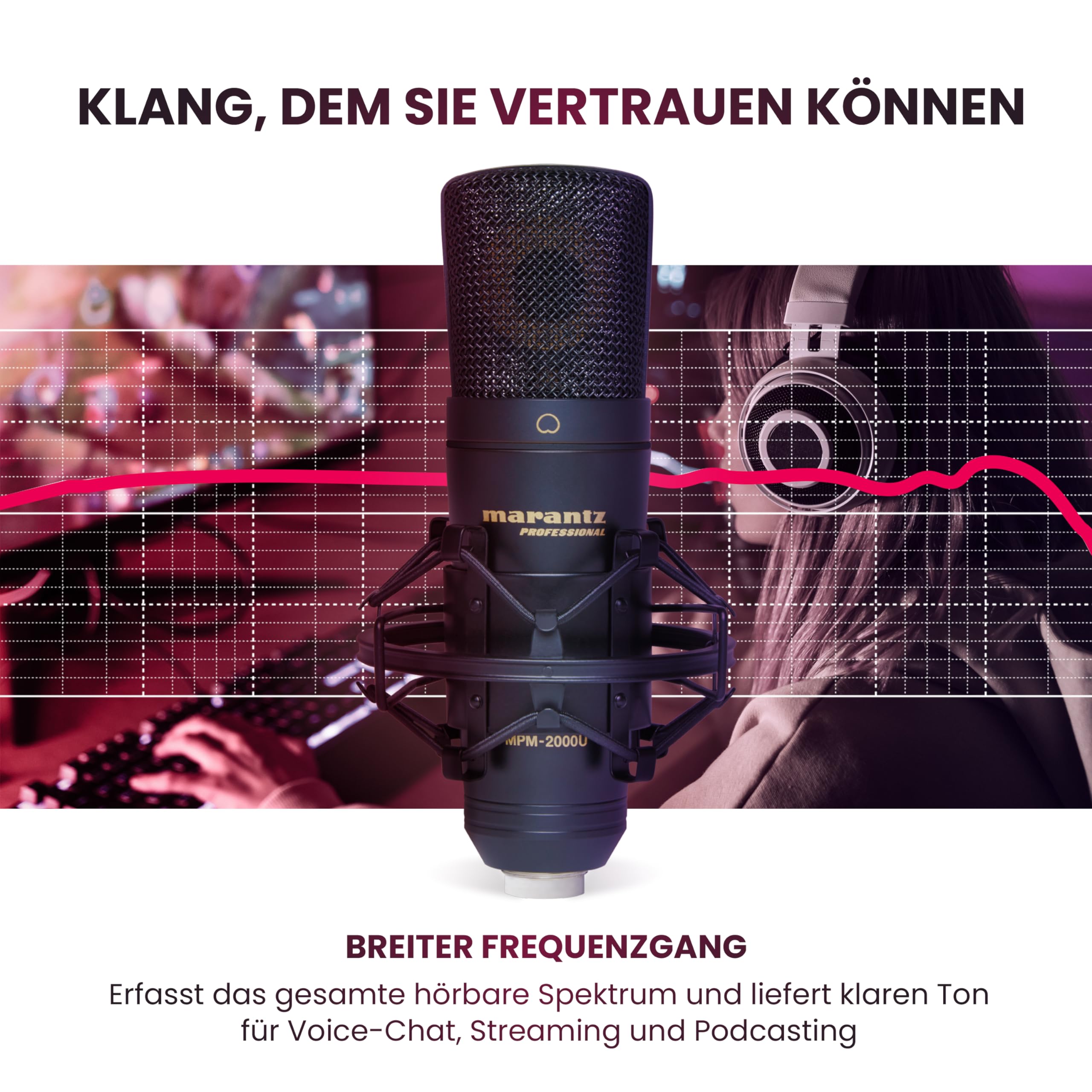 Marantz Professional MPM-2000U - USB-Kondensatormikrofon für Gaming, Streaming, Podcasting und PC/Mac-Aufnahmen - Cardioid, Shockmount, USB-Kabel und Transportetui inklusive, Schwarz 3