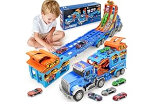 RIANEAN Kids Toys for 3 4 5 6 7 8 Years Old Boys, Carrier Truck Transport Car with Lights Sounds, Christmas Birthday Gift for Toddler, Foldable Layer Car Race Track Playset with Race Track, 6 Metal Toy Cars