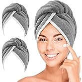 YFONG Thicker Microfiber Hair Towels for Women, 2 Pack Hair Drying Towels with Button, Fast Drying Hair Turbans for Wet Hair,