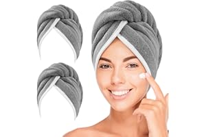 YFONG Microfiber Hair Towels Wrap for Women, 2 Pack Thick Hair Drying Towels with Button, Fast Drying Hair Turbans for Wet Hair, Long, Curly Hair, Super Soft Hair Wrap Towels for Women Anti Frizz (Grey)
