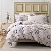 MILDLY 100% Long-Staple Cotton Duvet Cover Set Light Gray Pink Floral Leaf Pattern Printed Comforter Cover 3pcs, Ultra Soft & Breathable Bedding Set