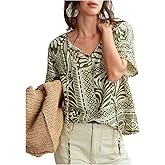 SHENHE Women's Summer Boho Top V Neck Short Sleeve Tie Front Dressy Casual Blouse