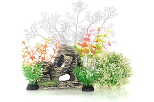 JIH Aquarium Fish Tank White Plastic Plants and Cave Rock Decorations Decor Set 7 Pieces, Small and Large Artificial Fish Tank Plants (CU89White-7)