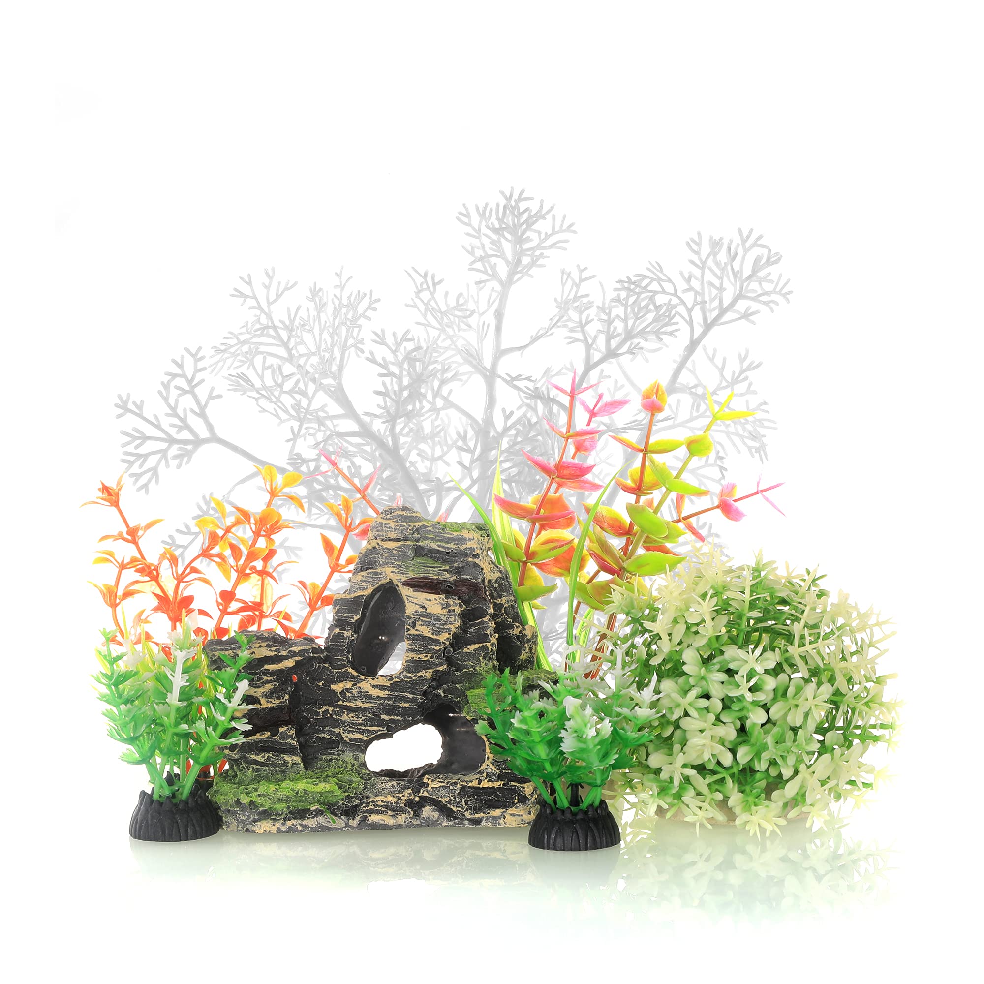 Photo 1 of JIH Aquarium Fish Tank White Plastic Plants and Cave Rock Decorations Decor Set 7 Pieces, Small and Large Artificial Fish Tank Plants with Cave Rock (CU89White-7)