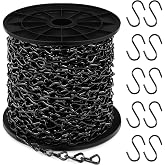 Yaocom 50ft Black Hanging Jack Chain with 10 Pcs S Hooks, 1.2mm | Galvanized Steel Twist Chain with Spool-weldless for Hanging Fixture, Bird Feeders, Overhead Lights, Artworks, Flowerpots