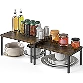 Simple Houseware Expandable Stackable Cabinet and Counter Shelf Organizer with Wooden Surface, 7.6'' D x 11.75'' W x 6.1'' H, Rustic Brown