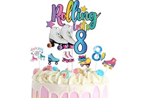 WINPOGEE 7Pcs Rolling into 8 Theme Cake Toppers Sets Roller Skate Happy 8th Birthday Themed Set Cake Decoration Girls Club Rolling 8 Years Old Supplies Girls Retro Colorful Hip Hop