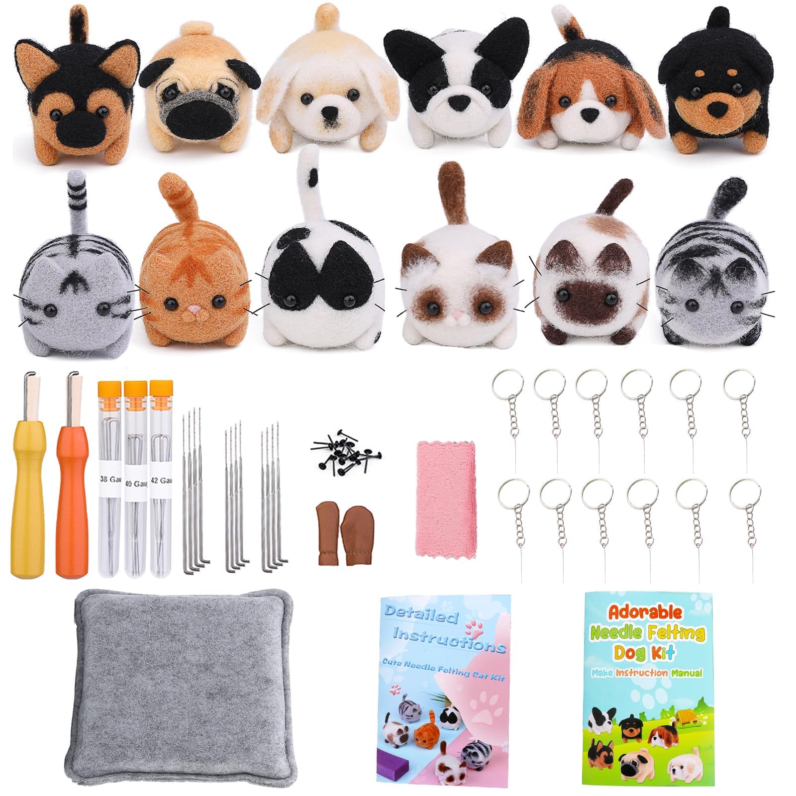 Needle Felting Kits for Beginners, 12 Doll Making Wool Needle Felting Starter Kit with Instruction, Cat and Dog Needle Felting Craft Kits for Adults, DIY Needle Felting Set with Felting Foam Mat