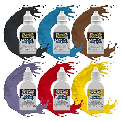 Sugarflair Essentials Liquid Food Colouring Starter Colours Set - Concentrated Food Colouring for Sugar Paste, Royal Icing, Buttercream, Cake Decorations, Cakes and More! Vibrant Food Dye - 6x 25ml