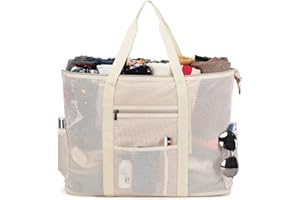 Eslcorri Mesh Beach Tote - Extra Large Beach Bag with 11 Pockets Foldable Tote Bag Women Oversized Pool Bag Travel Essentials