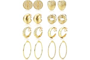 CASSIECA Clip on Earrings for Women 14K Gold Chunky Clip on Hoops Earrings Hypoallergenic Lightweight Fake Hoops Earrings Non Pierced Jewelry Gold Silver Tone