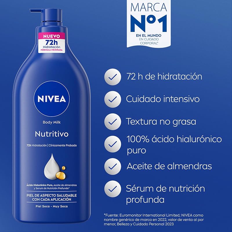 Nivea nourishing body milk (1 x 625 ml), leite corporal que hidrata por 72 horas, creme hidratante corporal com óleo de amêndoa e ácido hialurônico, para pele seca