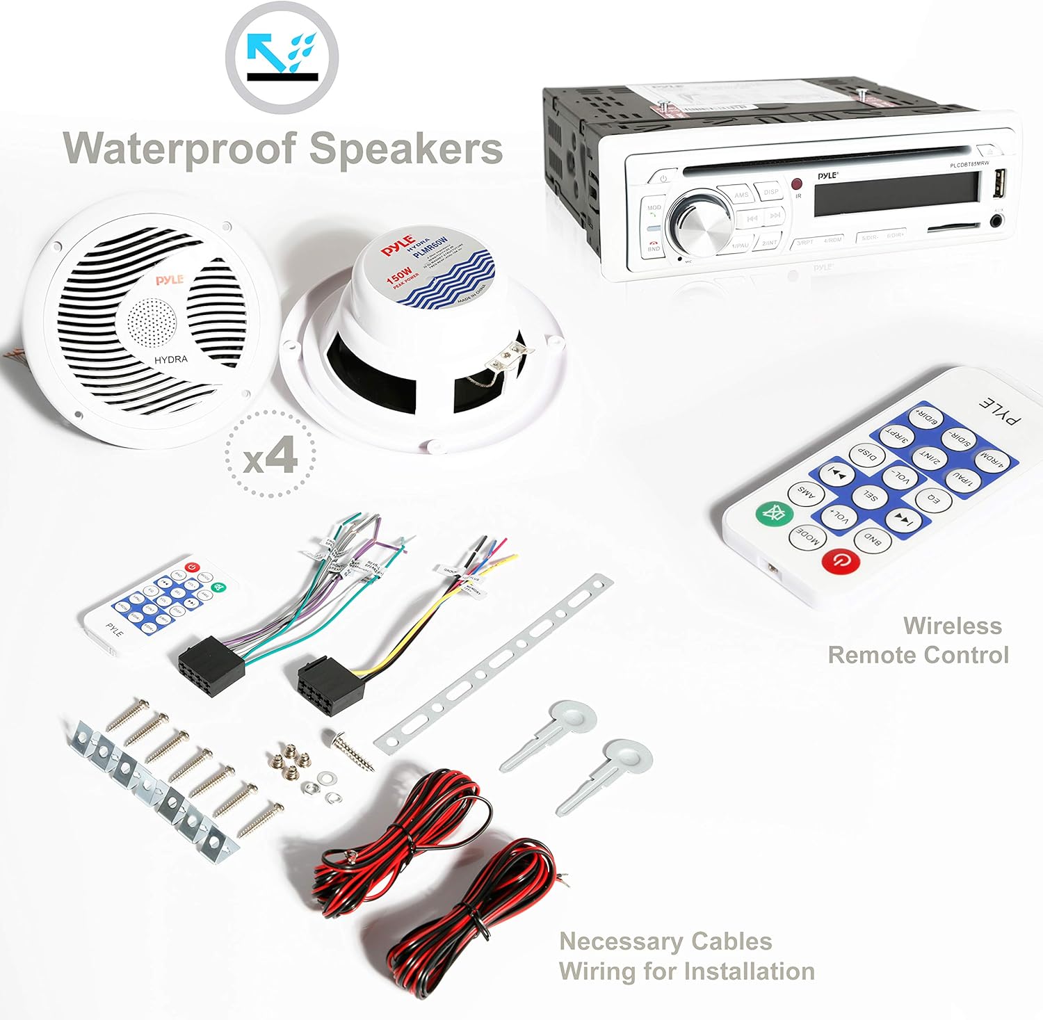 Marine Stereo Receiver Speaker Kit - In-Dash LCD Digital Console Built-in Bluetooth & Microphone 6.5” Waterproof Speakers (4) w/ MP3/USB/SD/AUX/FM Radio Reader & Remote Control - Pyle PLCDBT85MRW