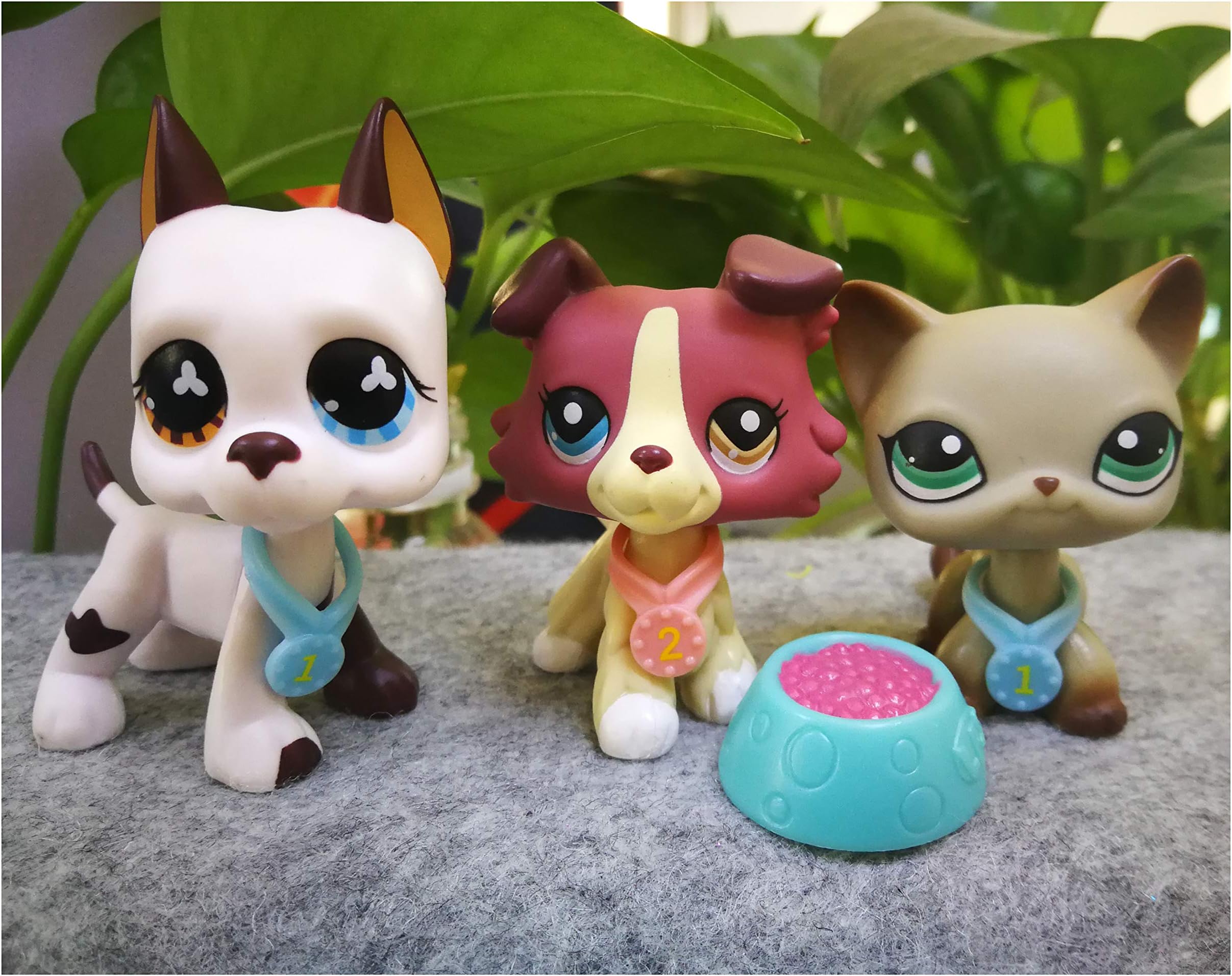 LPSOLD LPS Collie 1262 Red LPS Great Dane 577 White and Brown 2 Different Eyes Dog Puppy LPS Shorthair Cat 391 Grey Blue Eyes Kitty with Accessories Kit Collection Figure Kids Boys Girls Gift Set
