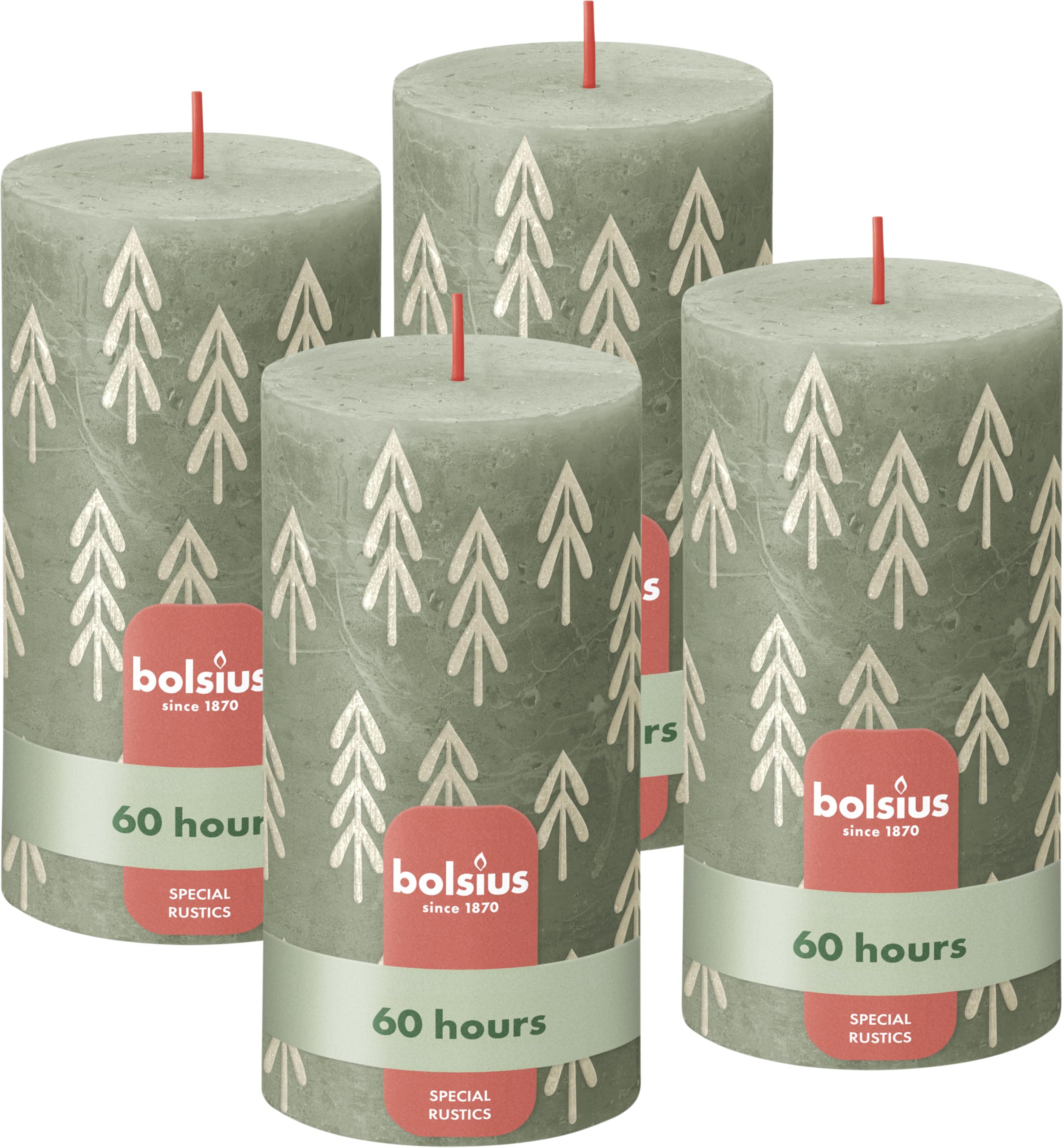 Bolsius Rustic Pillar Candles Silhouette - Green with Print - Pack of 4-13 x 7 cm - Long Burning Time 60 hours - Household Candle - Includes Natural Vegan Wax - Without Palm Oil - Christmas Decoration