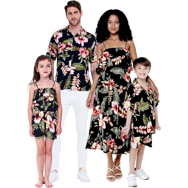 Matchable Family Hawaiian Luau Outfits - Men, Women, Kids Matching Hibiscus Print Clothes, Blue