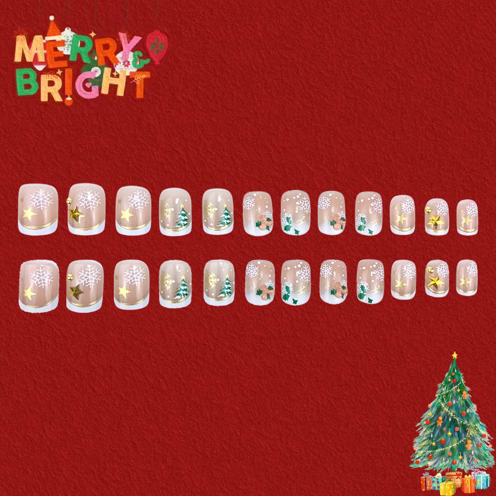 Christmas Press on Nails Short Square Fake Nails Christmas Red Fruit False Nails White French with Snowflake Christmas Tree Acrylic Nails Full Cover Stick on Nails for Women Party Nails Decor 24pcs - Image 5