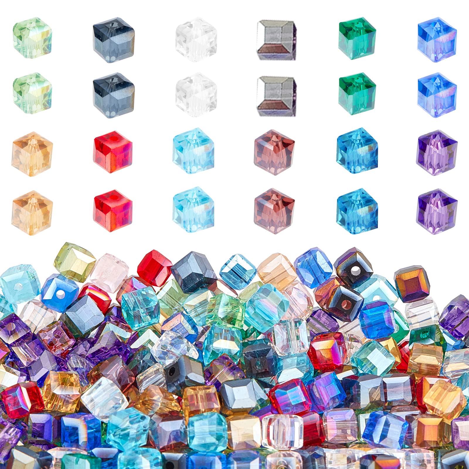 PandaHall Elite – 360 Pieces 12 Colours Faceted Glass Beads 6 mm AB Colour Plated Cube Beads for Jewellery Making, Hole: 1 mm