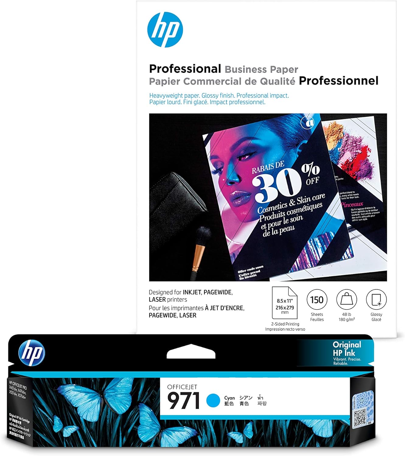 HP 971 Cyan Ink + HP Brochure Paper, Glossy, Inkjet, 8.5 x 11, 150 sheets