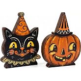 Wooden Halloween Decor Small Halloween Signs Indoor Decor Black Cat Pumpkin | Set Of 2 Vintage 4in Plywood Signs For Fireplace Mantel Tiered Tray Table Farmhouse Spooky Halloween Center Piece Home Decor