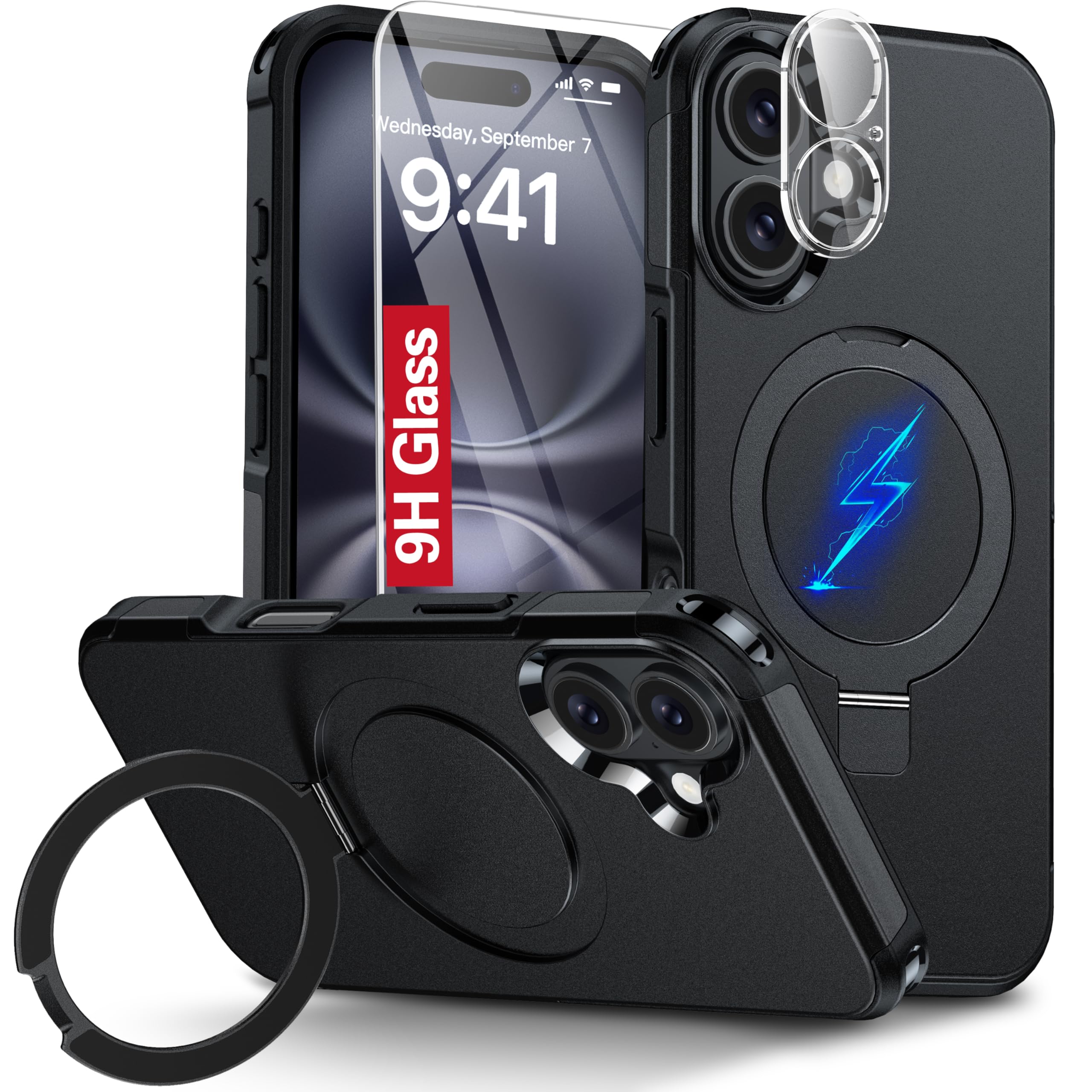 Photo 1 of Oterkin Magnetic for iPhone 16 Plus Case Compatible with MagSafe [Foldable Invisible Stand][Tempered Glass Screen Protector & Camera Lens Protector] 15FT Military Dropproof Phone Case (Black)
