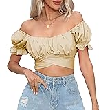 COOUFE Women's Crop Tops Ruffle Short Sleeve Tie