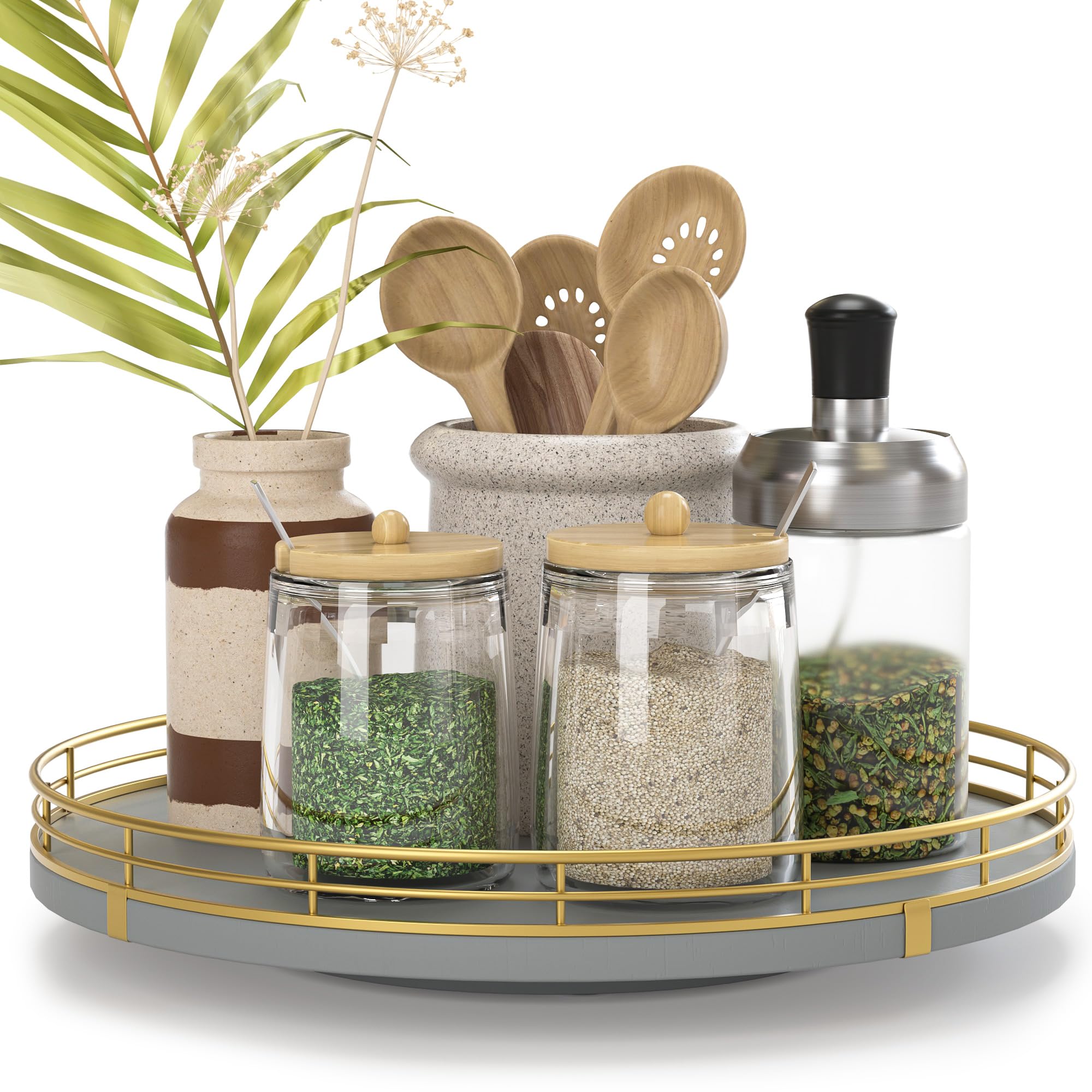 Photo 1 of 10" Wooden Lazy Susan Turntable for Cabinet – Rotating Spice Rack Organizer, Small Gray Kitchen Countertop Round Tray for Dining Table & Pantry Storage