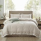 Bedorm Beige Duvet Cover Set Queen Ruffle Bedding Set Pleat Ruffled Shabby Chic Comforter Cover Extra Soft & Easy Care White Boho Duvet Cover with Zipper Closure