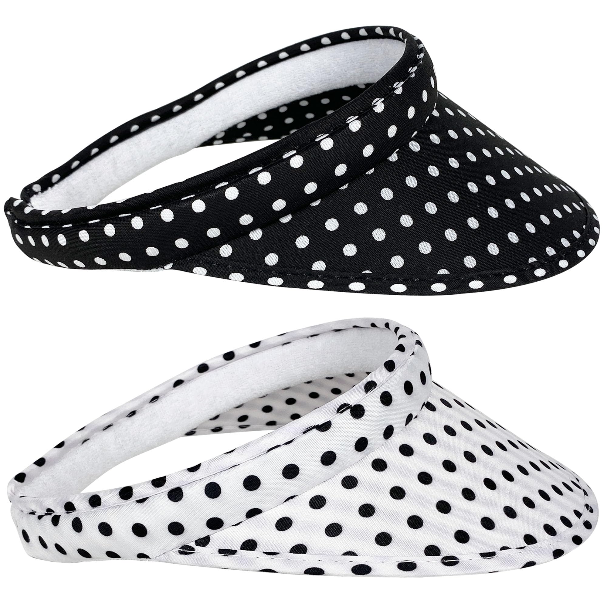 Photo 1 of 2 Pack Sun Visor Hats Women Men Clip On Wide Brim Visors Hat Outdoor Sports Golf Beach Travel Tennis Caps (White Polka Dot on Black)