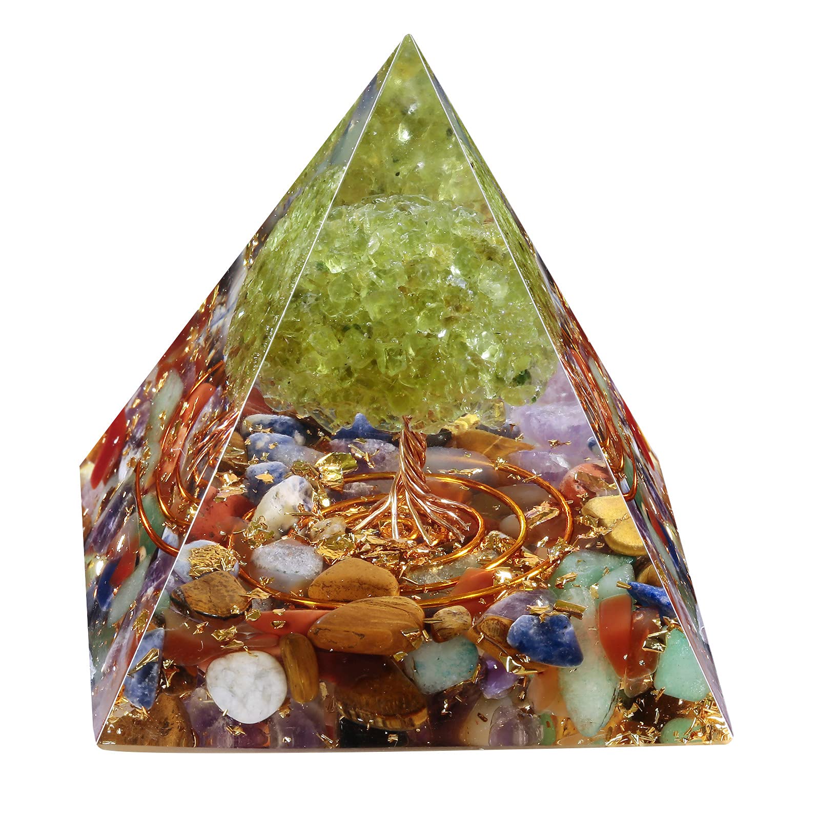 mookaitedecor Chakra Crystal & Peridot Tree of Life Crystal Pyramid Ornament Table Decoration Reiki Healing Spiritual Crystal Stone Gift for Positive Energy Meditation Tree of Life Decor Gift