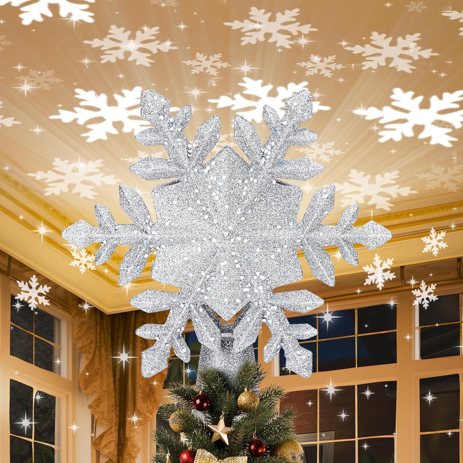 Photo 1 of Christmas Tree Topper Lighted with 6 Projection Slides, PliMook Snowflake Christmas Tree Topper LED Rotating 3D Lighted Tree Toppers Glitter Tree Topper Projector for Christmas Tree(Silver)