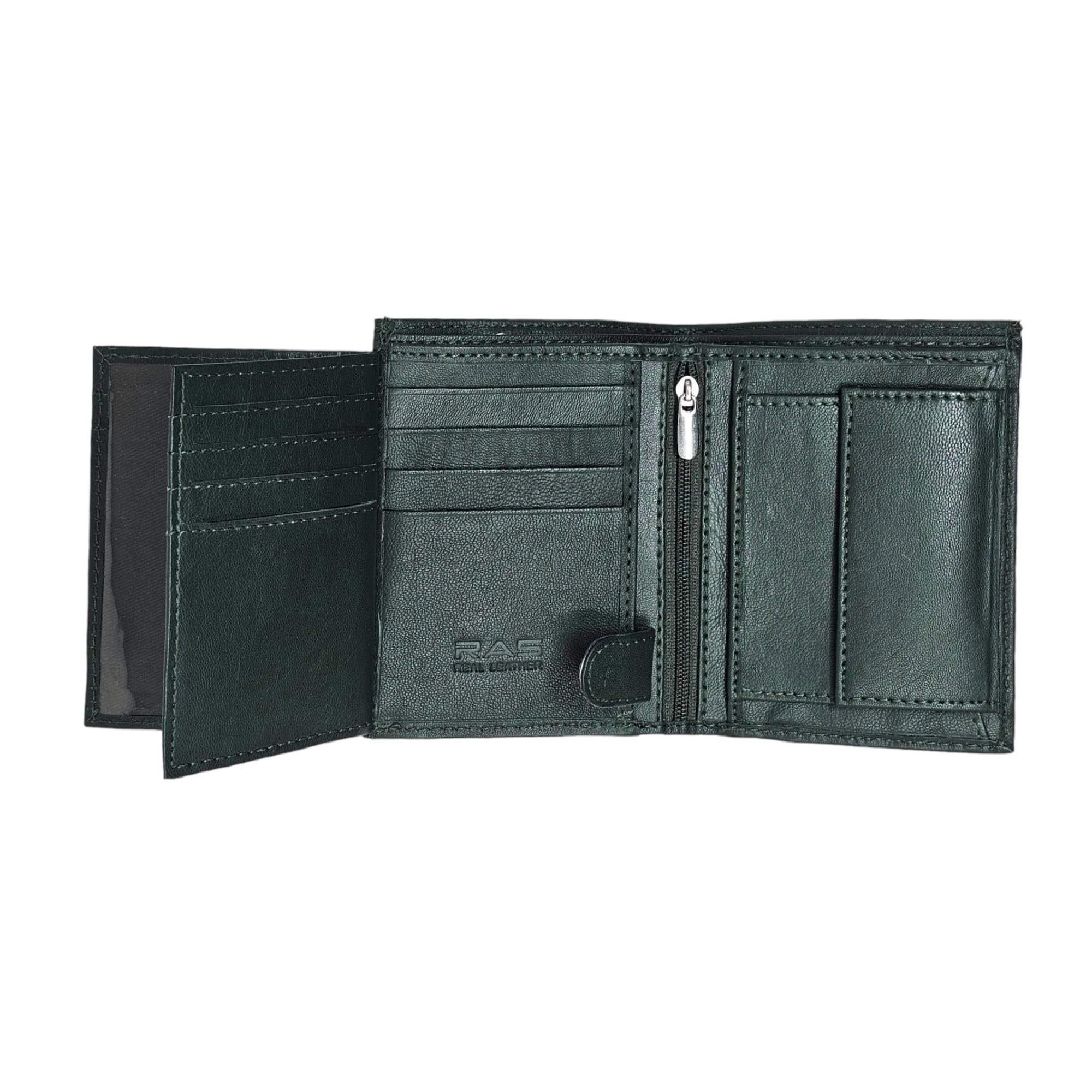 RAS WALLETS Men's RFID Secure Slim Wallet | Genuine Leather Bifold Purse with Coin Pocket | 3 ID Slots, Card Holder, 2 Zipped Pockets | Anti-Theft Compact Design - Art 503 (Green) — image 1