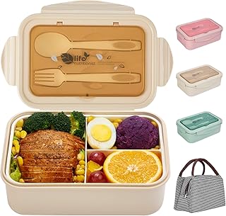 SHAKNIFE Bento Box für Kinder Erwachsene, 1400ML Luftdichte Lunchbox mit Lunchtasche Löffel Gabel, BPA-Freie und Lebensmittelechte Brotdose mit 3 Fächern (Beige)