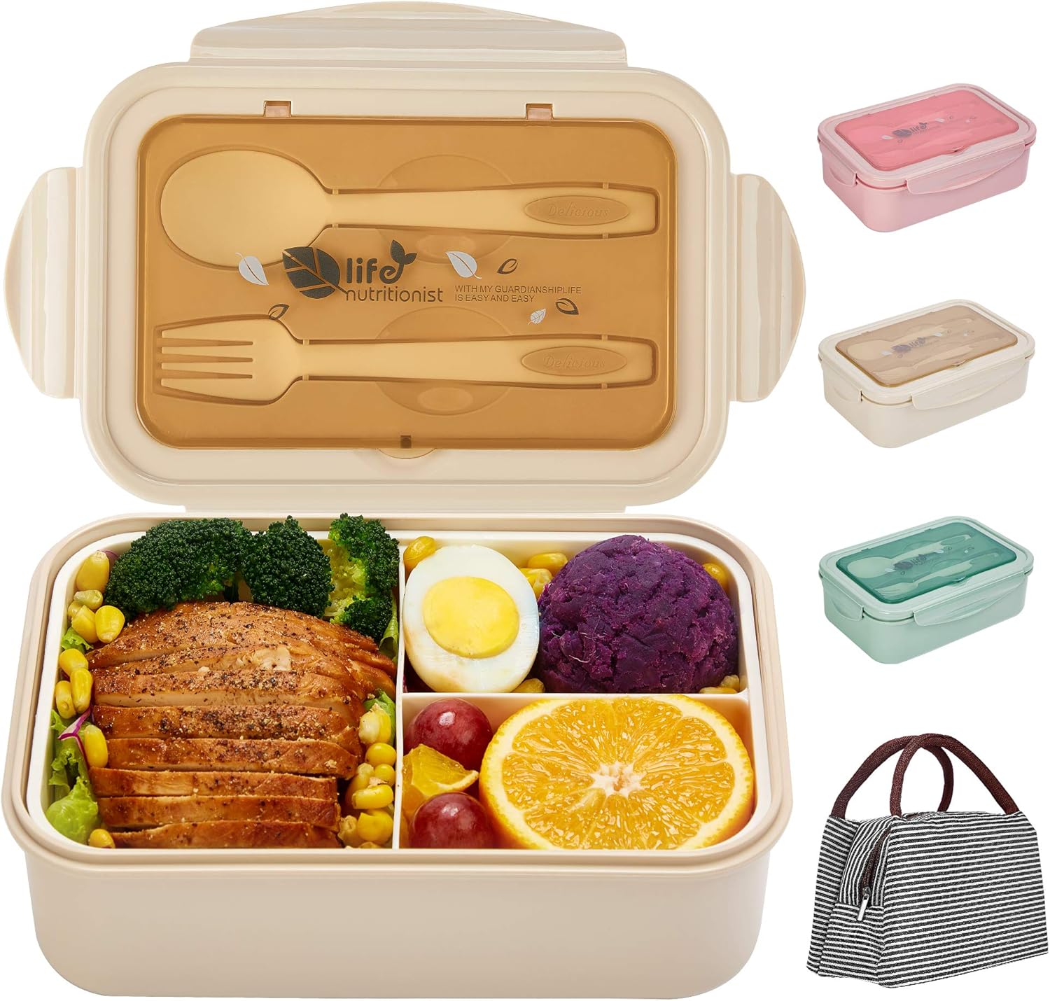 SHAKNIFE Bento Box für Kinder Erwachsene, 1400ML Luftdichte Lunchbox mit Lunchtasche Löffel Gabel, BPA-Freie und Lebensmittelechte Brotdose mit 3 Fächern (Beige)